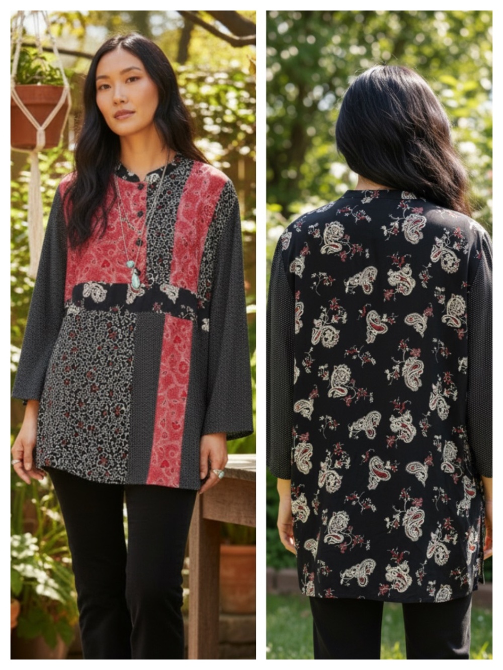 Vtg Carole Little Top Tunic Shirt Sz 22W 3X Black Red Floral Boho Art to Wear